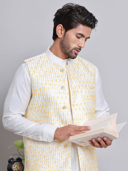 Embroidered Nehru Jacket With Solid Kurta Pyjama.