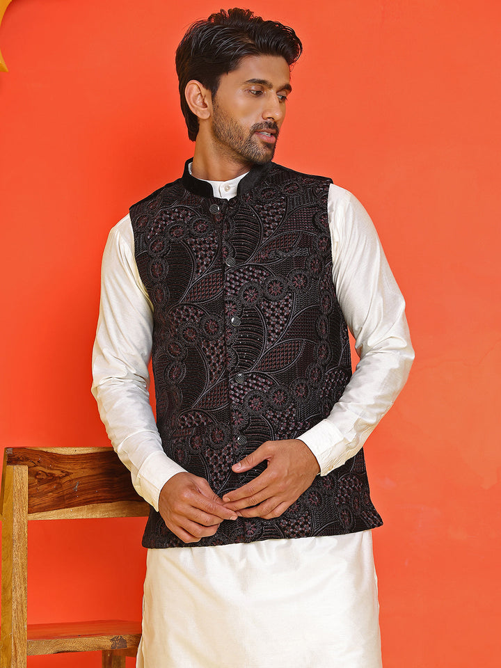 Embroidered Velvet Nehru Jacket With Solid Kurta Pyjama.