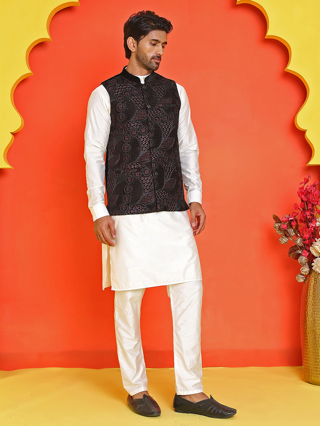 Embroidered Velvet Nehru Jacket With Solid Kurta Pyjama.
