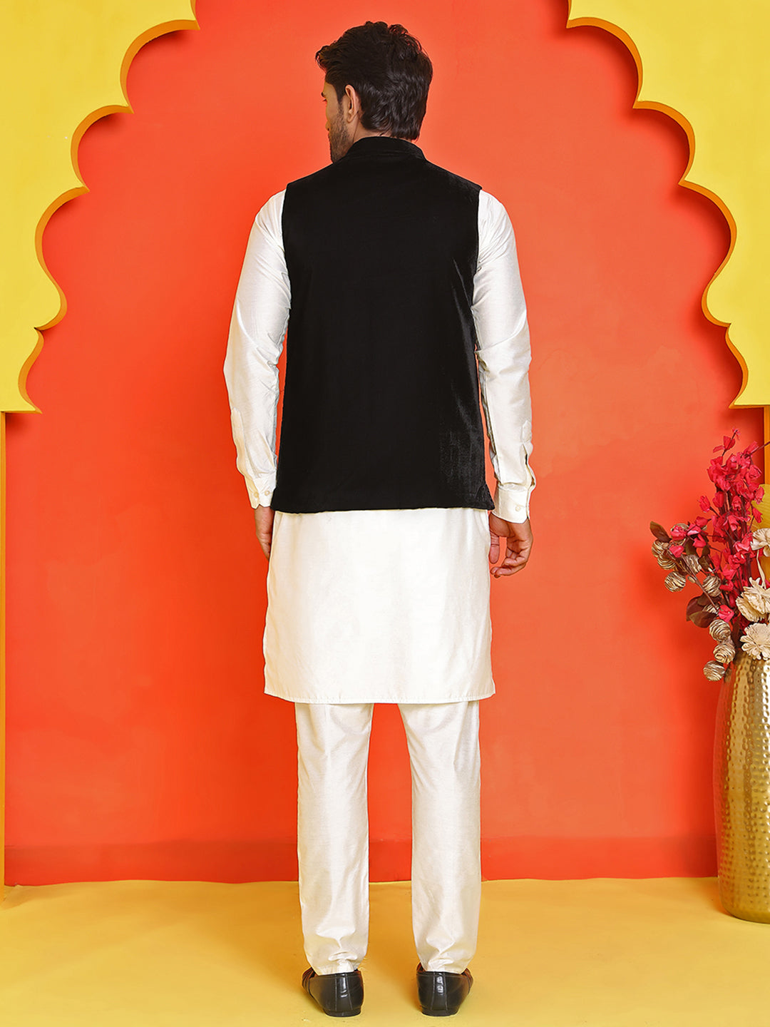 Embroidered Velvet Nehru Jacket With Solid Kurta Pyjama.