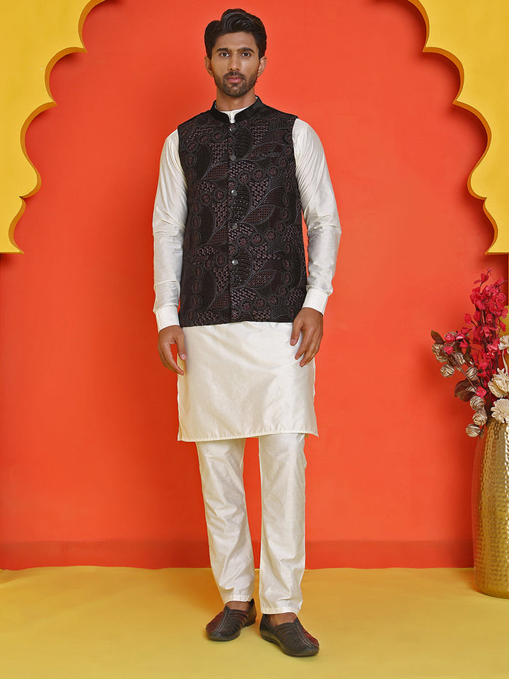 Embroidered Velvet Nehru Jacket With Solid Kurta Pyjama.