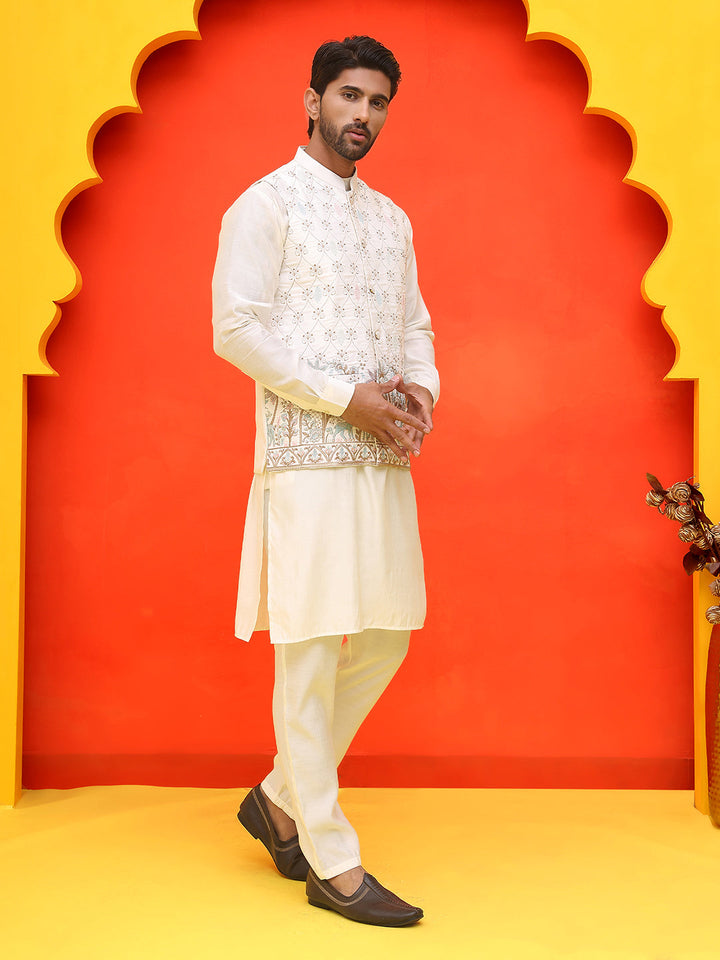 Embroidered Nehru Jacket With Solid Kurta Pyjama.