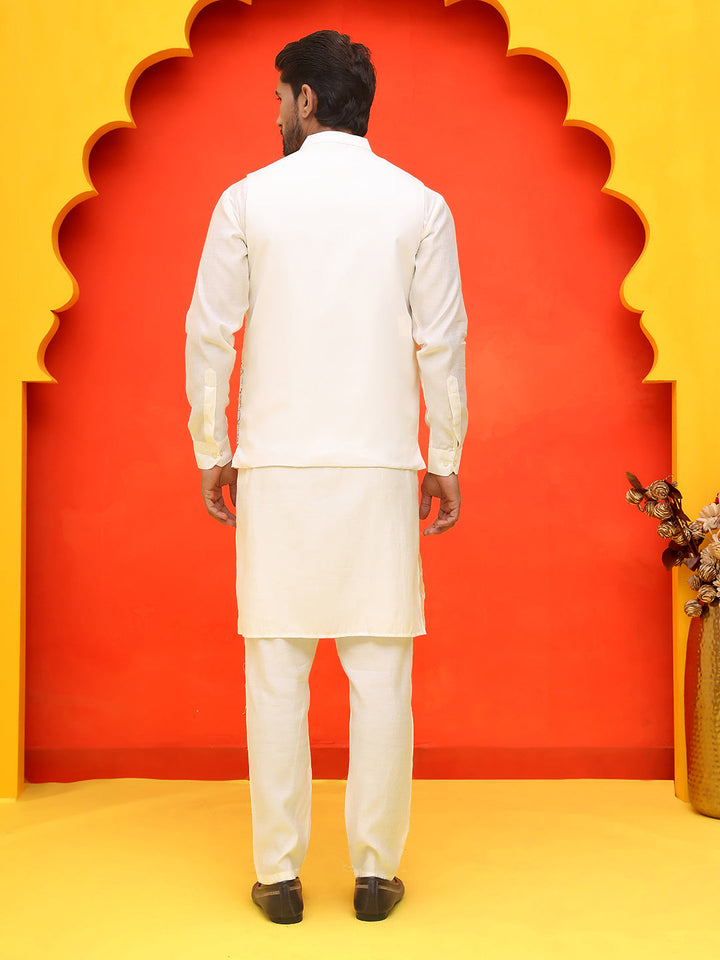 Embroidered Nehru Jacket With Solid Kurta Pyjama.