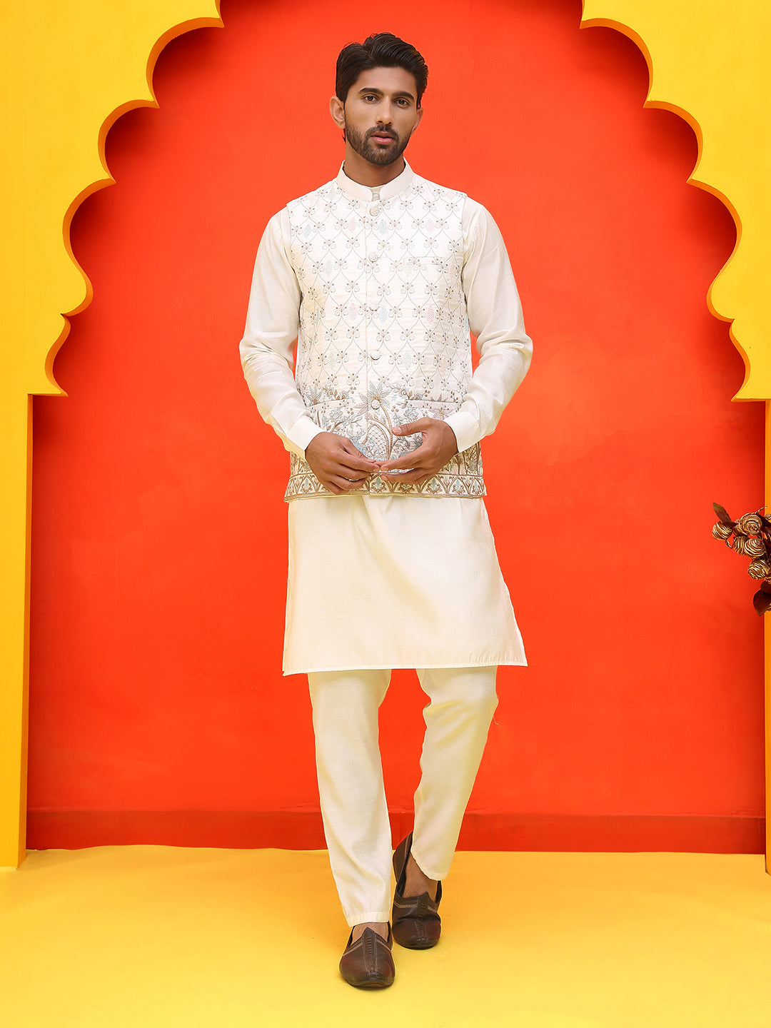 Embroidered Nehru Jacket With Solid Kurta Pyjama.