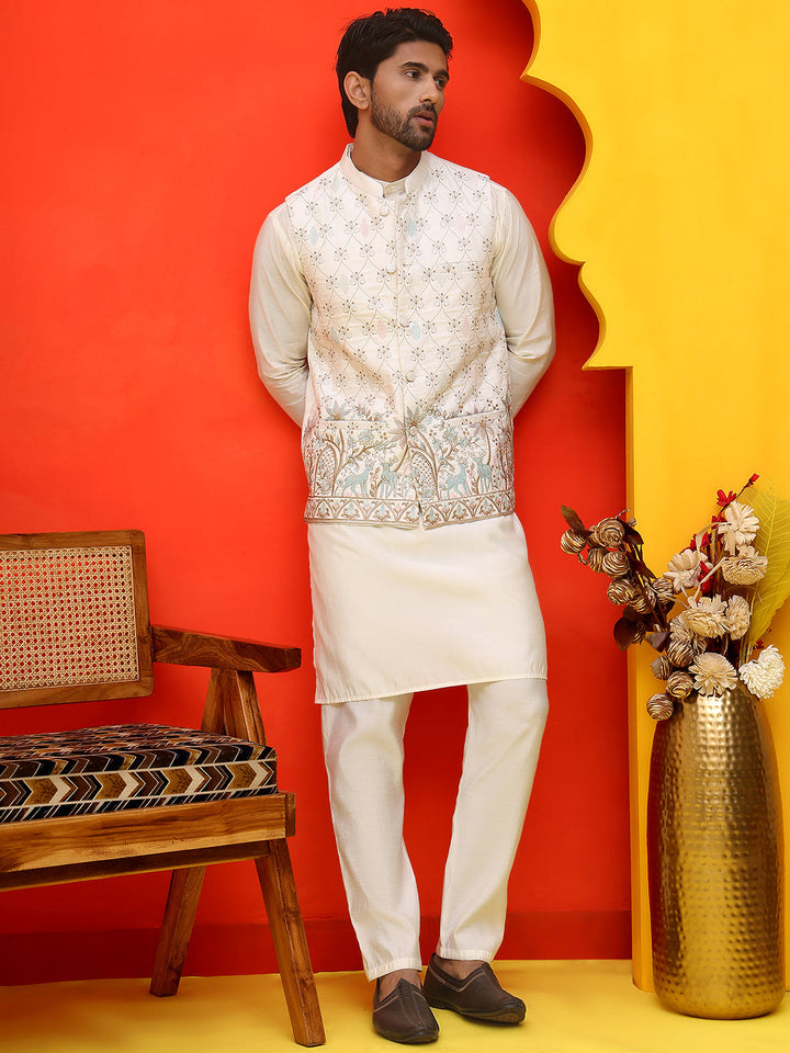Embroidered Nehru Jacket With Solid Kurta Pyjama.