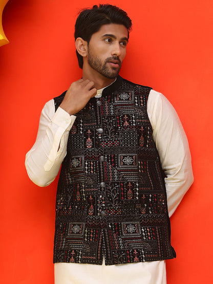 Embroidered Velvet Nehru Jacket With Solid Kurta Pyjama.