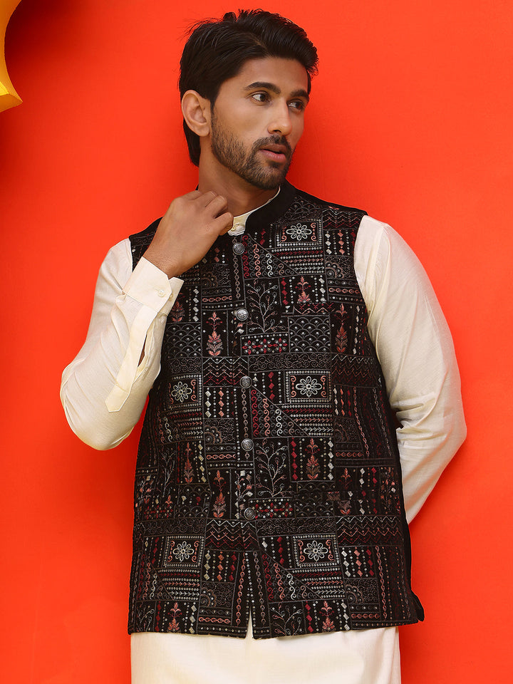Embroidered Velvet Nehru Jacket With Solid Kurta Pyjama.