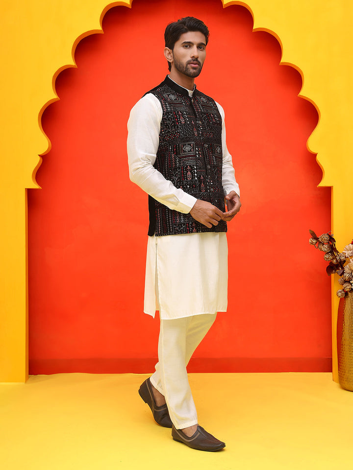 Embroidered Velvet Nehru Jacket With Solid Kurta Pyjama.