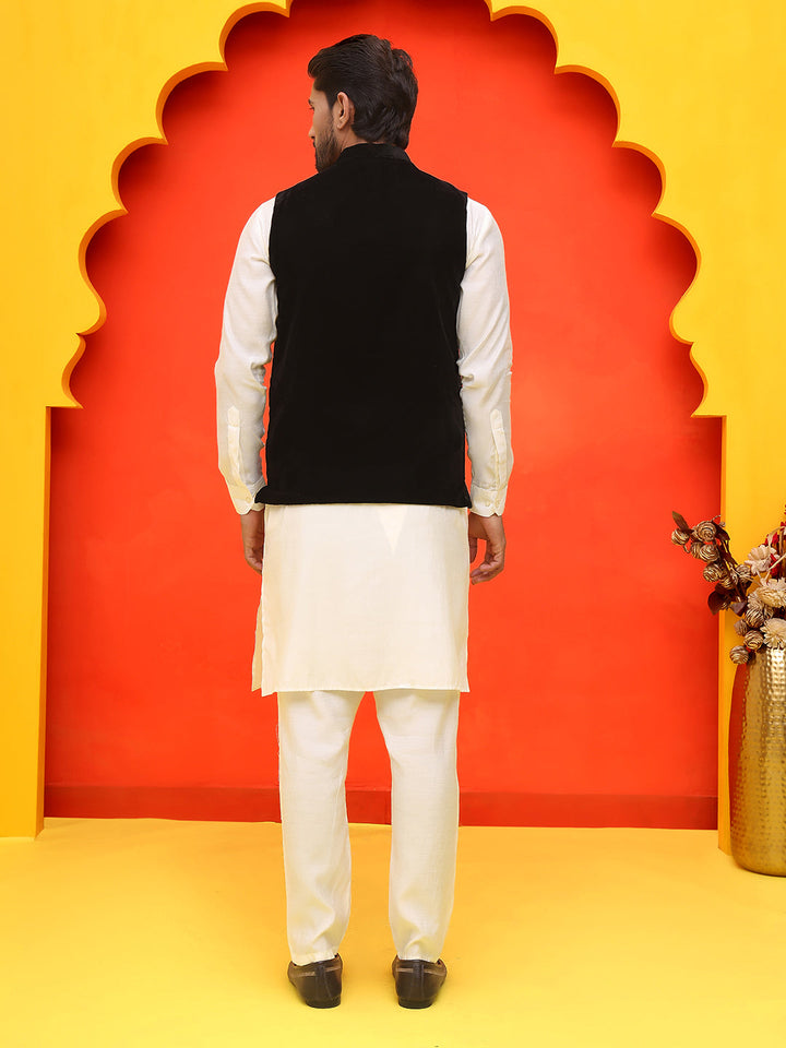 Embroidered Velvet Nehru Jacket With Solid Kurta Pyjama.