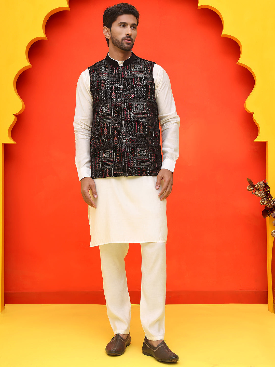 Embroidered Velvet Nehru Jacket With Solid Kurta Pyjama.