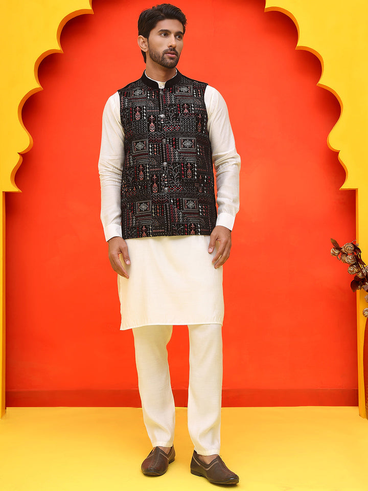 Embroidered Velvet Nehru Jacket With Solid Kurta Pyjama.