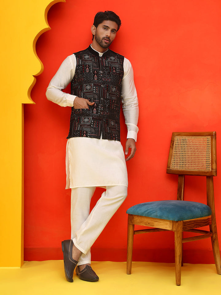 Embroidered Velvet Nehru Jacket With Solid Kurta Pyjama.