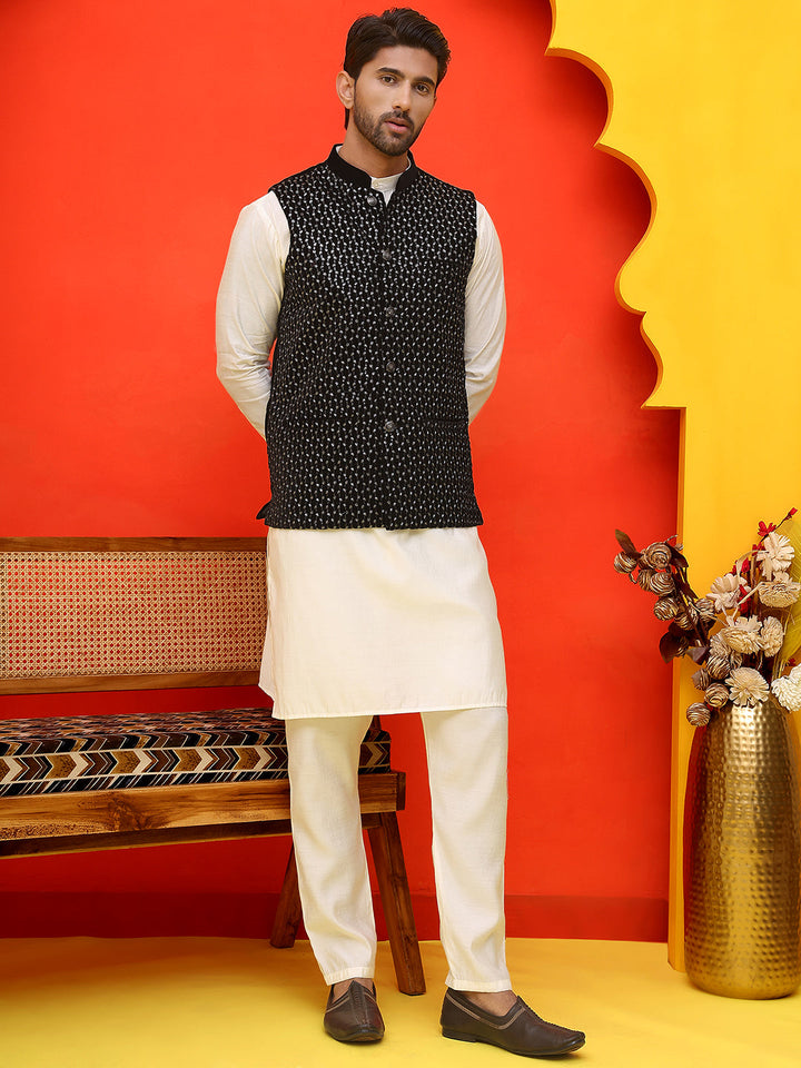 Embroidered Velvet Nehru Jacket With Solid Kurta Pyjama.
