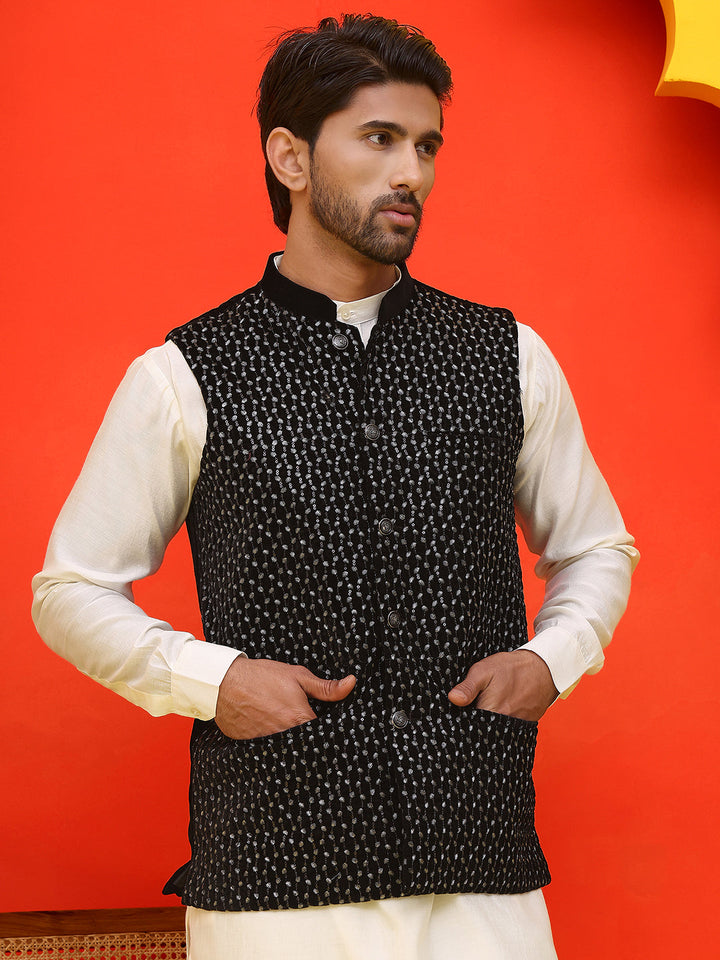 Embroidered Velvet Nehru Jacket With Solid Kurta Pyjama.