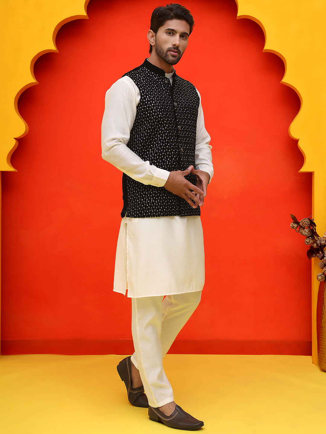 Embroidered Velvet Nehru Jacket With Solid Kurta Pyjama.