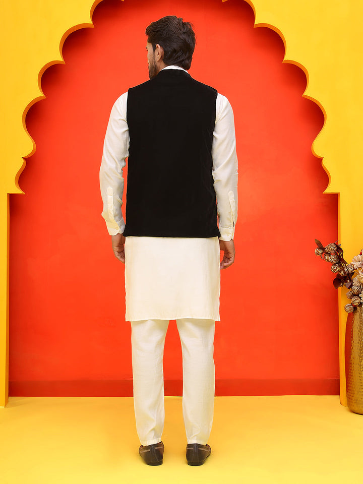Embroidered Velvet Nehru Jacket With Solid Kurta Pyjama.