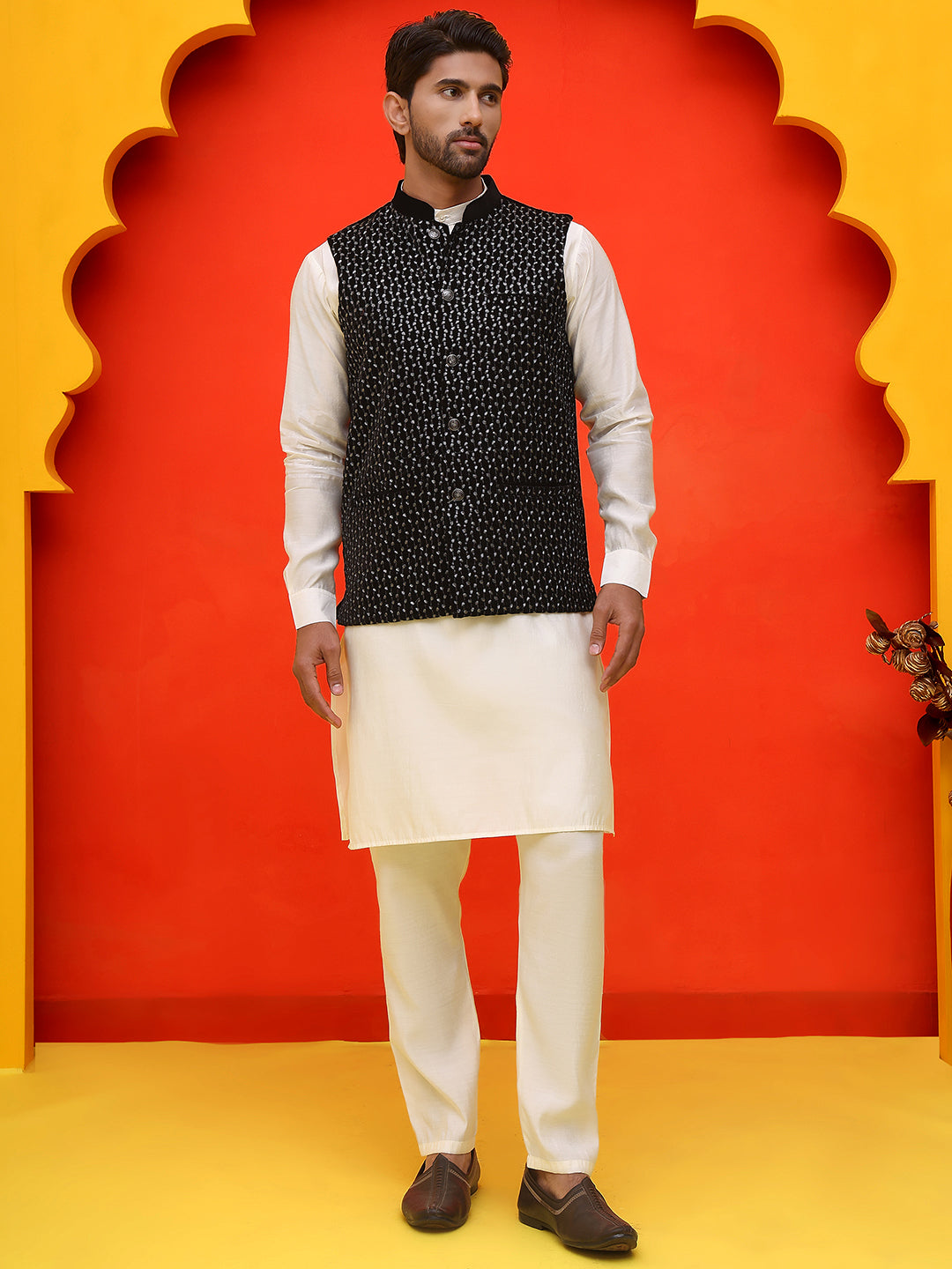 Embroidered Velvet Nehru Jacket With Solid Kurta Pyjama.
