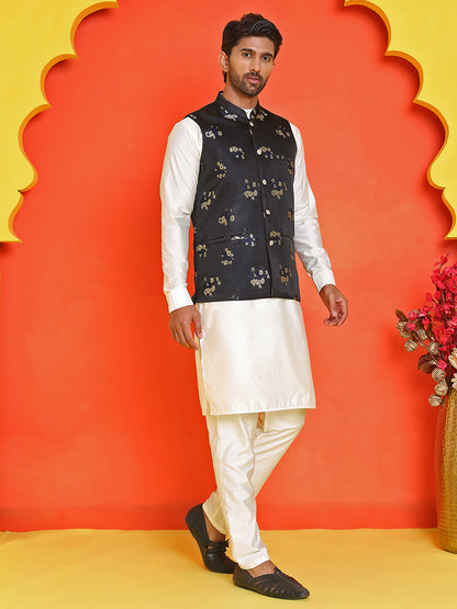 Embossed  Nehru Jacket With Solid Kurta Pyjama.
