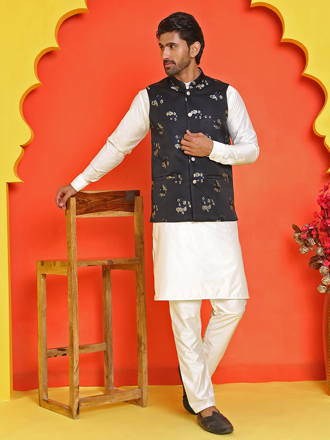 Embossed  Nehru Jacket With Solid Kurta Pyjama.