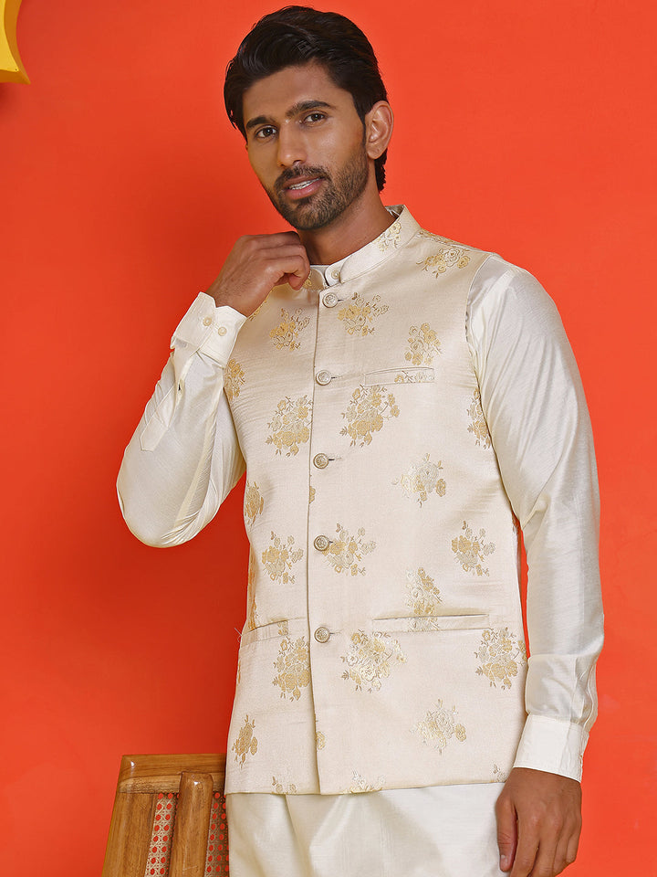 Embossed  Nehru Jacket With Solid Kurta Pyjama.
