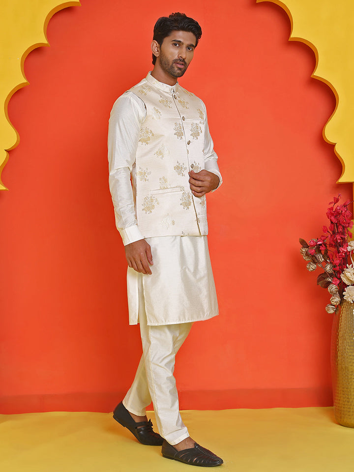 Embossed  Nehru Jacket With Solid Kurta Pyjama.