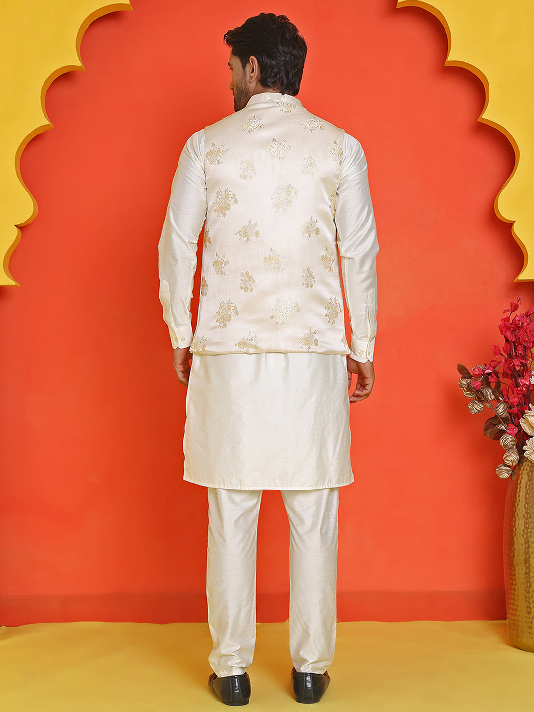 Embossed  Nehru Jacket With Solid Kurta Pyjama.