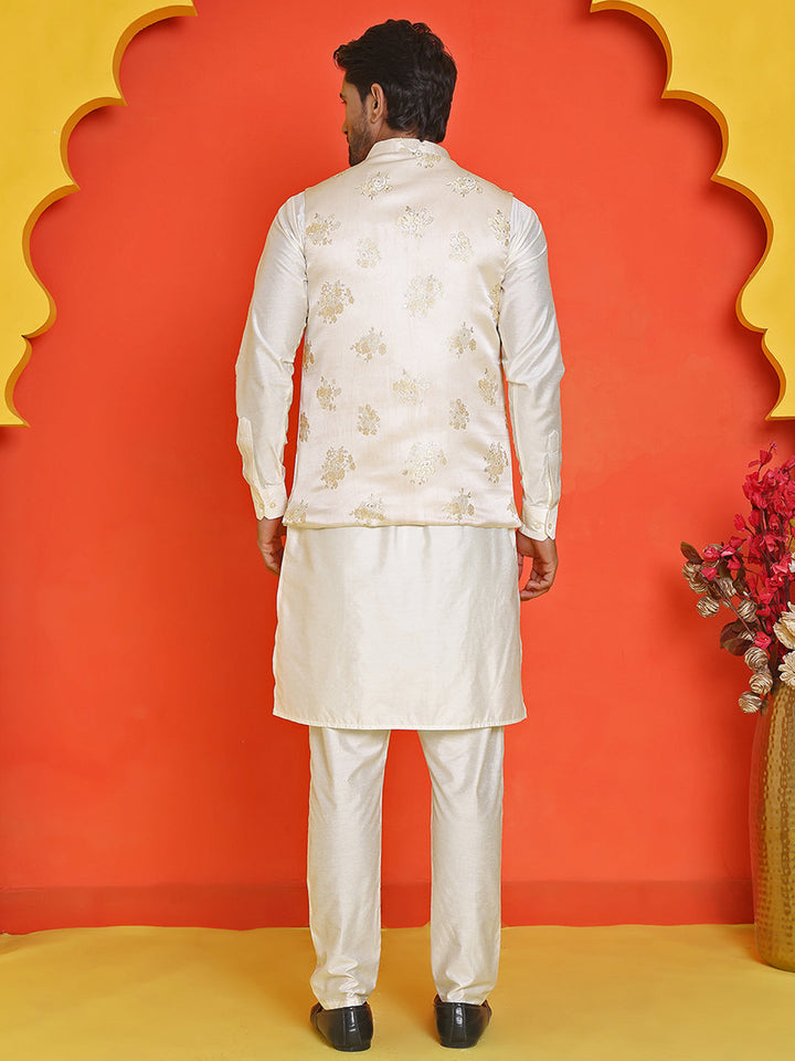 Embossed  Nehru Jacket With Solid Kurta Pyjama.