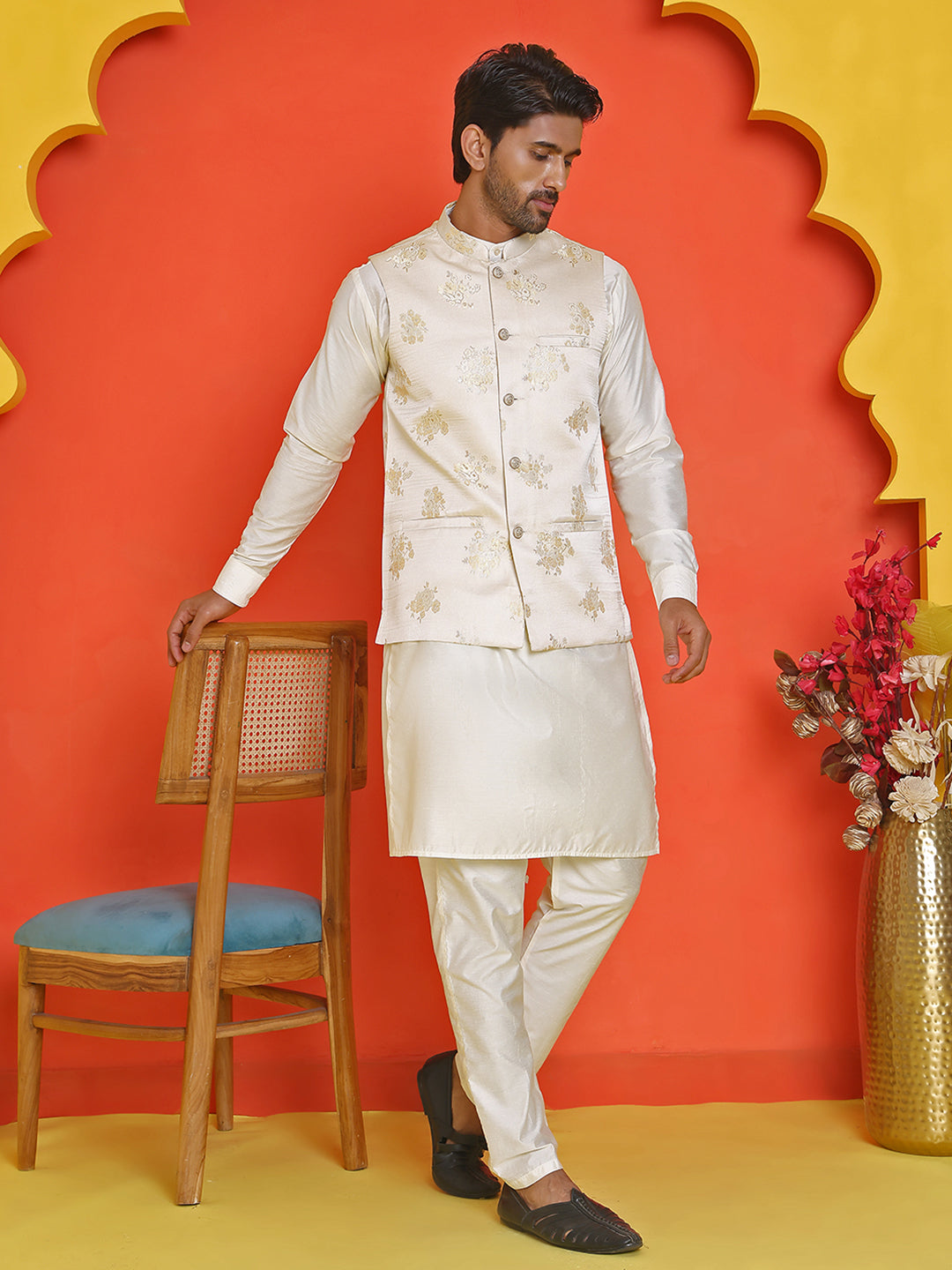 Embossed  Nehru Jacket With Solid Kurta Pyjama.