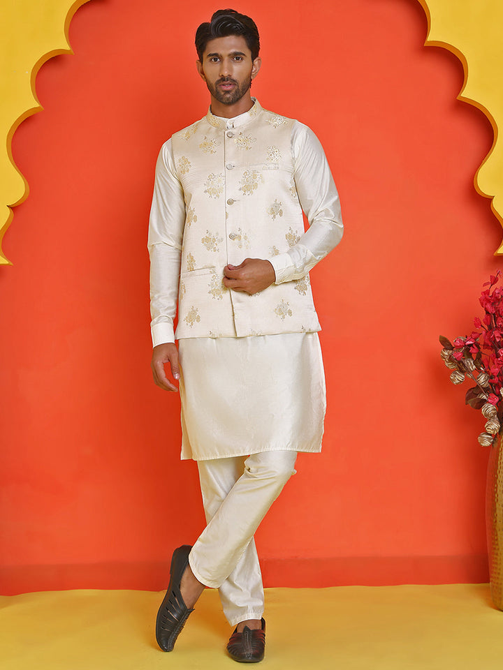 Embossed  Nehru Jacket With Solid Kurta Pyjama.