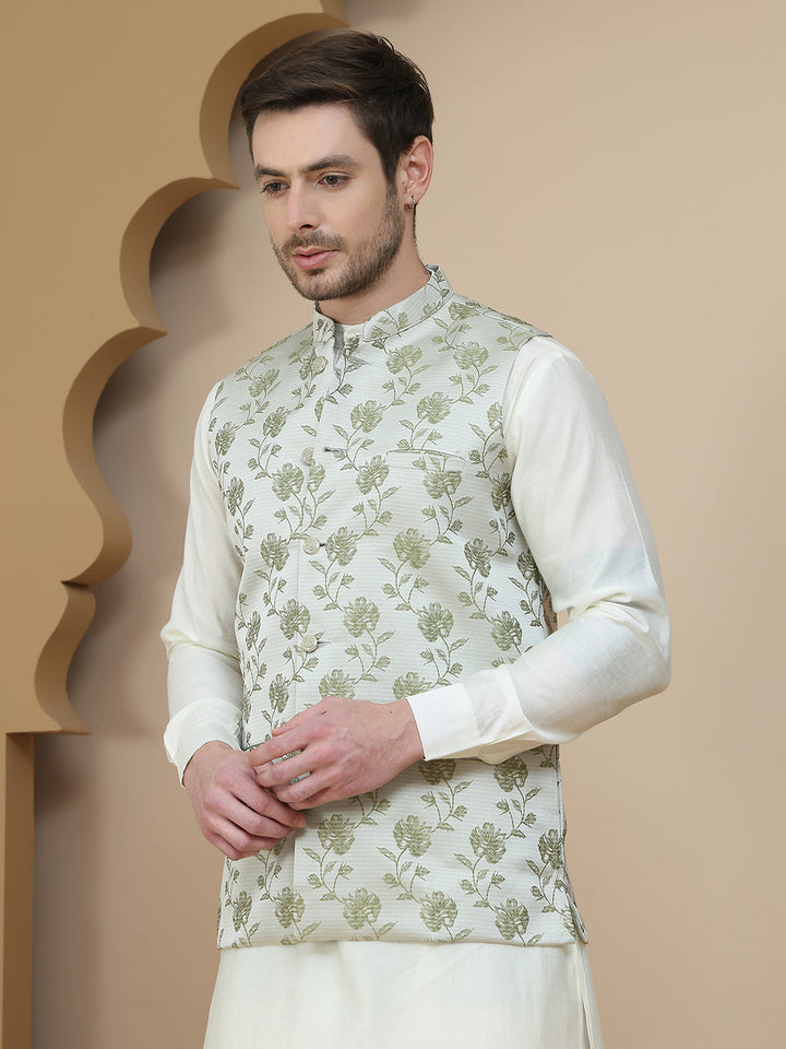 Embossed Nehru Jacket With Solid Kurta Set For Men