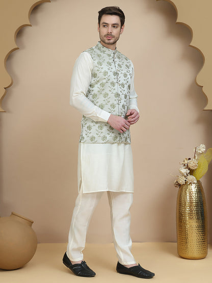 Embossed Nehru Jacket With Solid Kurta Set For Men