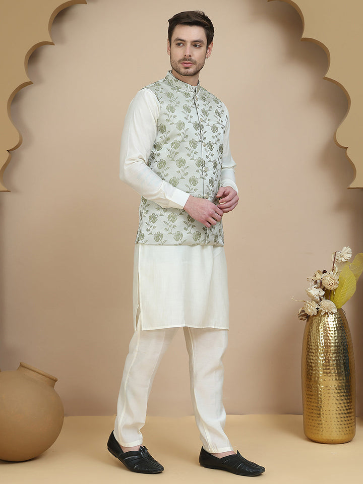 Embossed Nehru Jacket With Solid Kurta Set For Men