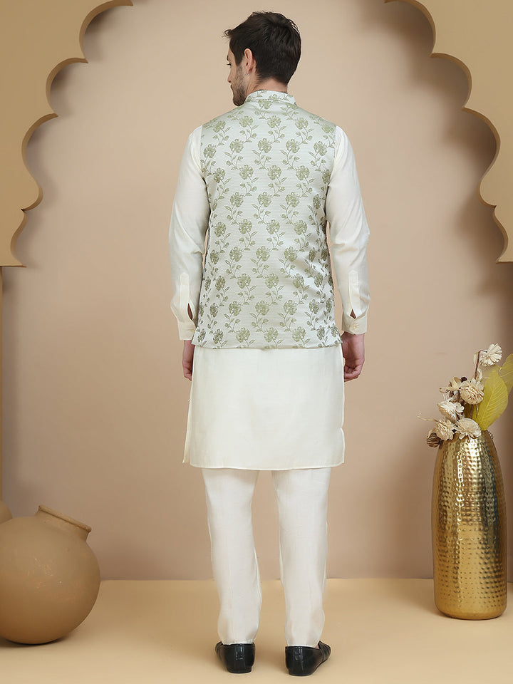 Embossed Nehru Jacket With Solid Kurta Set For Men