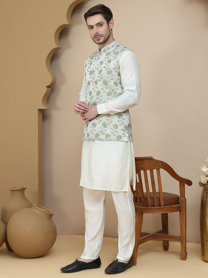 Embossed Nehru Jacket With Solid Kurta Set For Men