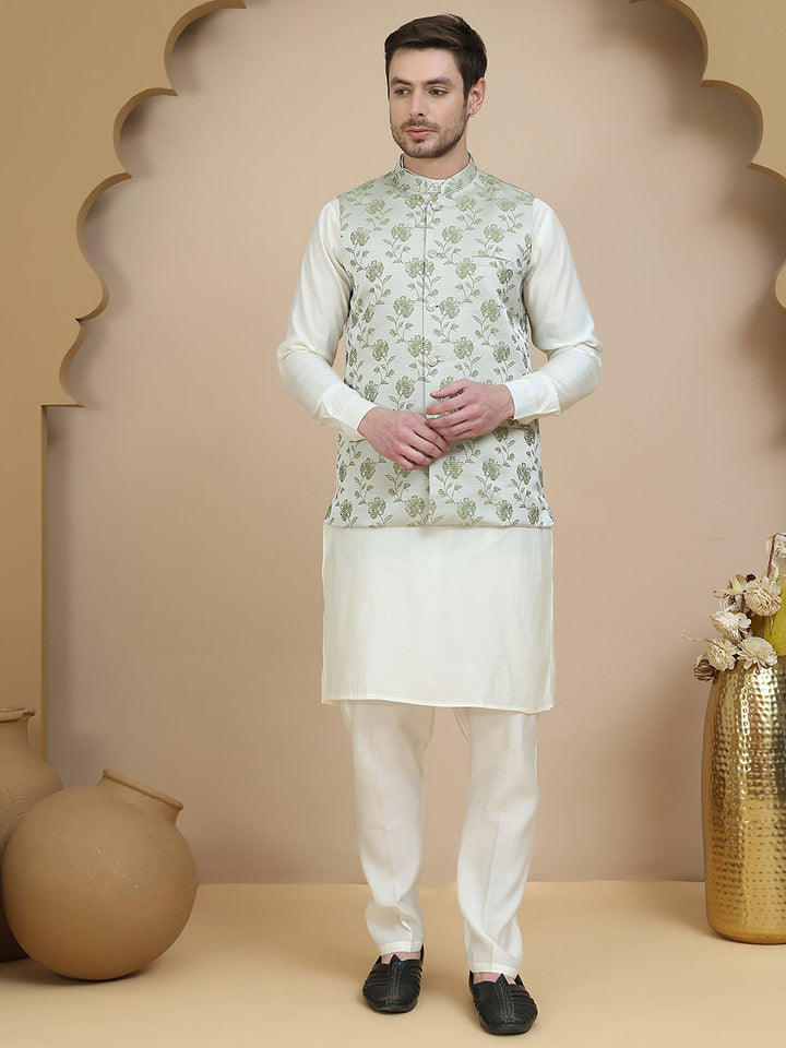 Embossed Nehru Jacket With Solid Kurta Set For Men