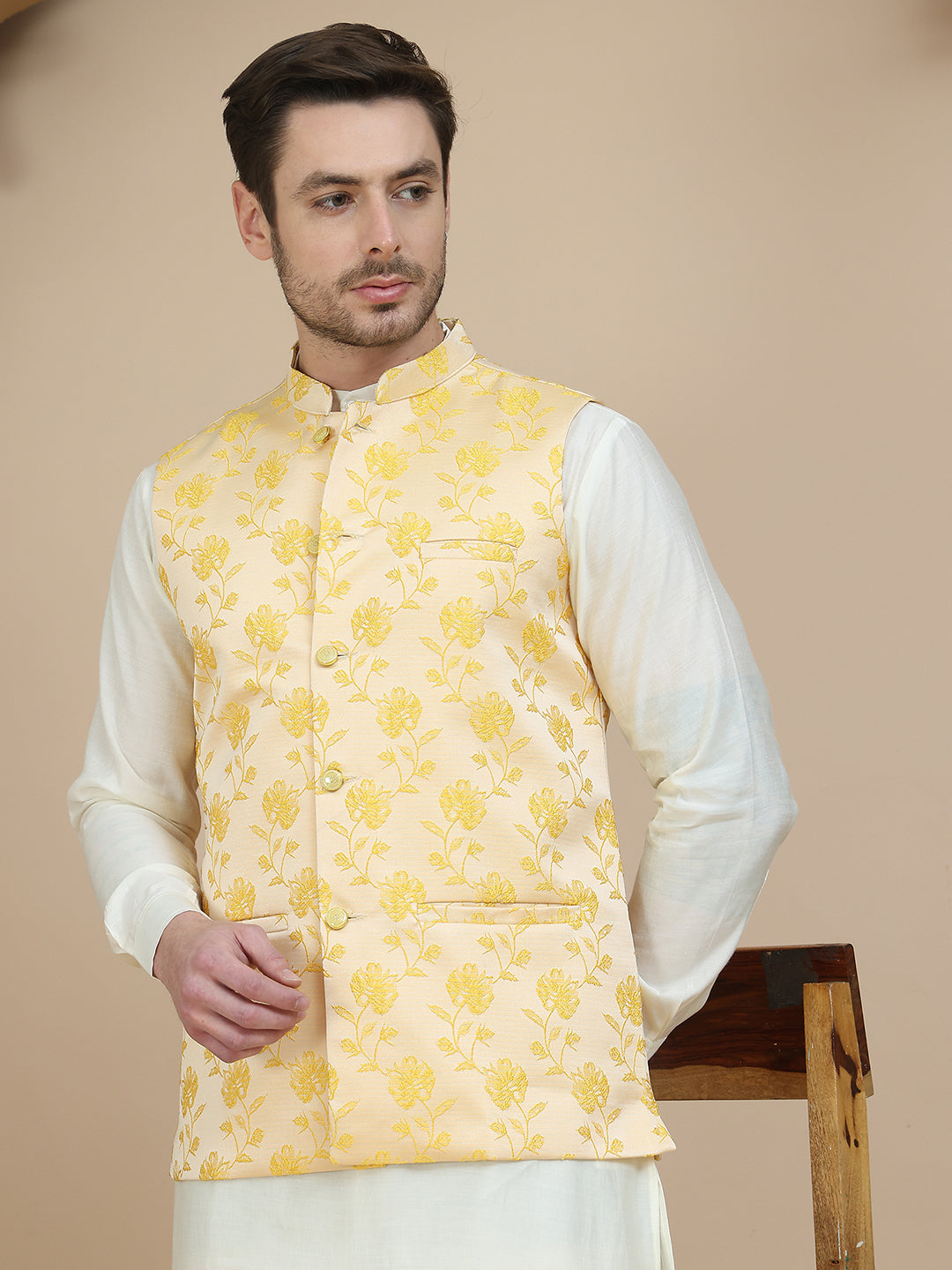 Embossed Nehru Jacket With Solid Kurta Set For Men