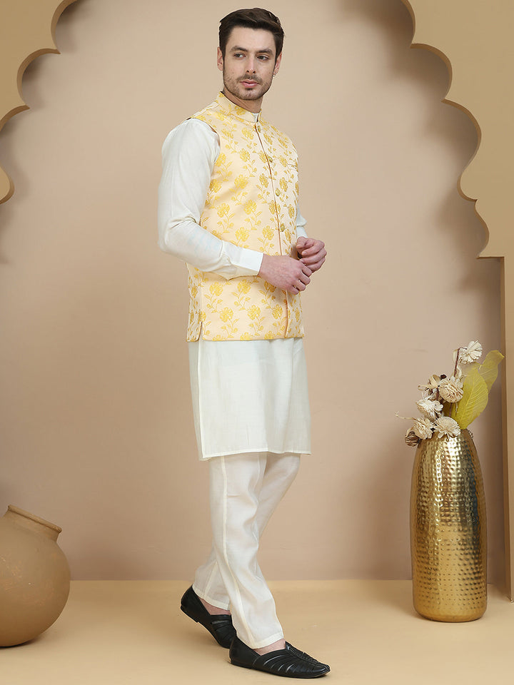Embossed Nehru Jacket With Solid Kurta Set For Men
