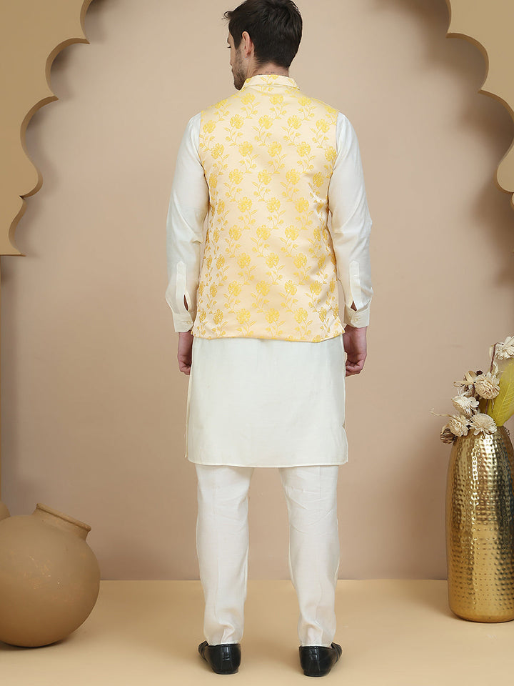 Embossed Nehru Jacket With Solid Kurta Set For Men