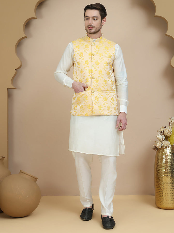 Embossed Nehru Jacket With Solid Kurta Set For Men