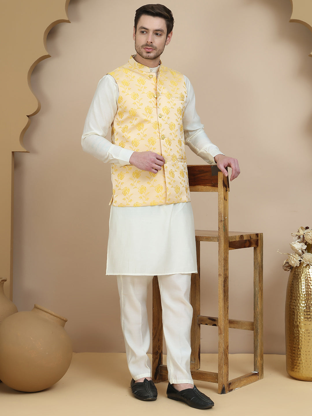 Embossed Nehru Jacket With Solid Kurta Set For Men