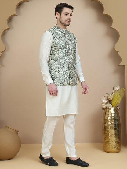 Woven Design Nehru Jacket With Solid Kurta Set For Men