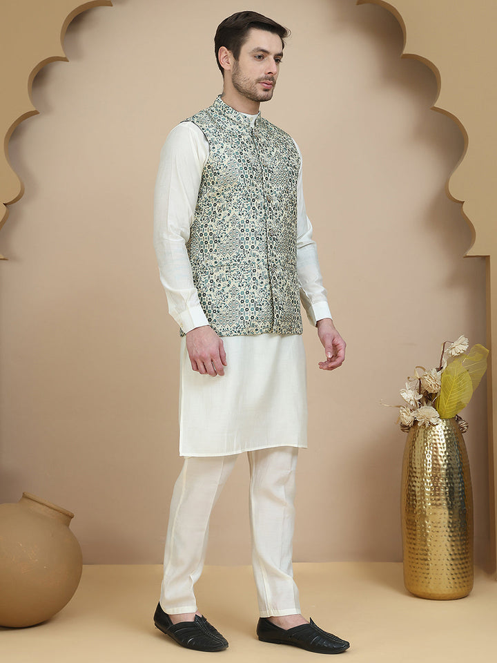 Woven Design Nehru Jacket With Solid Kurta Set For Men