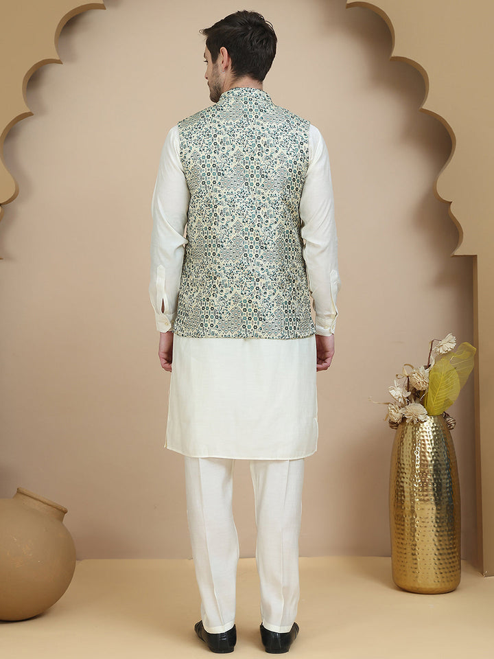 Woven Design Nehru Jacket With Solid Kurta Set For Men