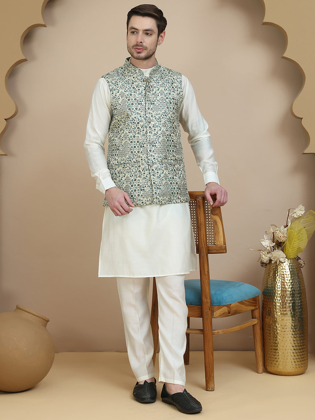 Woven Design Nehru Jacket With Solid Kurta Set For Men