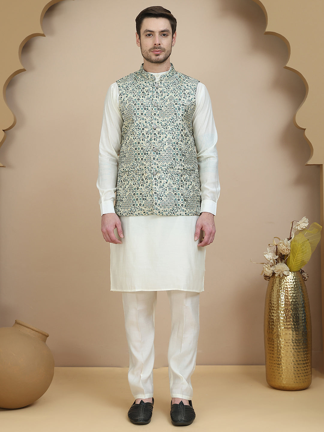 Woven Design Nehru Jacket With Solid Kurta Set For Men
