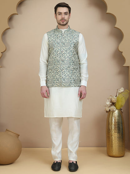 Woven Design Nehru Jacket With Solid Kurta Set For Men