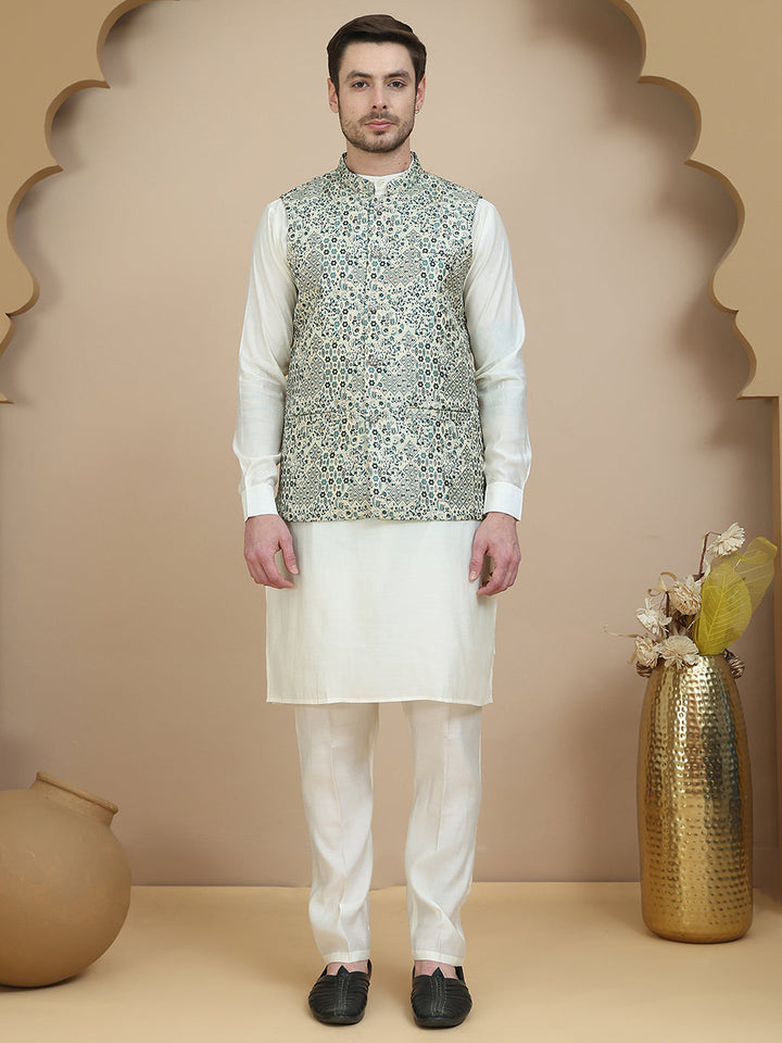 Woven Design Nehru Jacket With Solid Kurta Set For Men