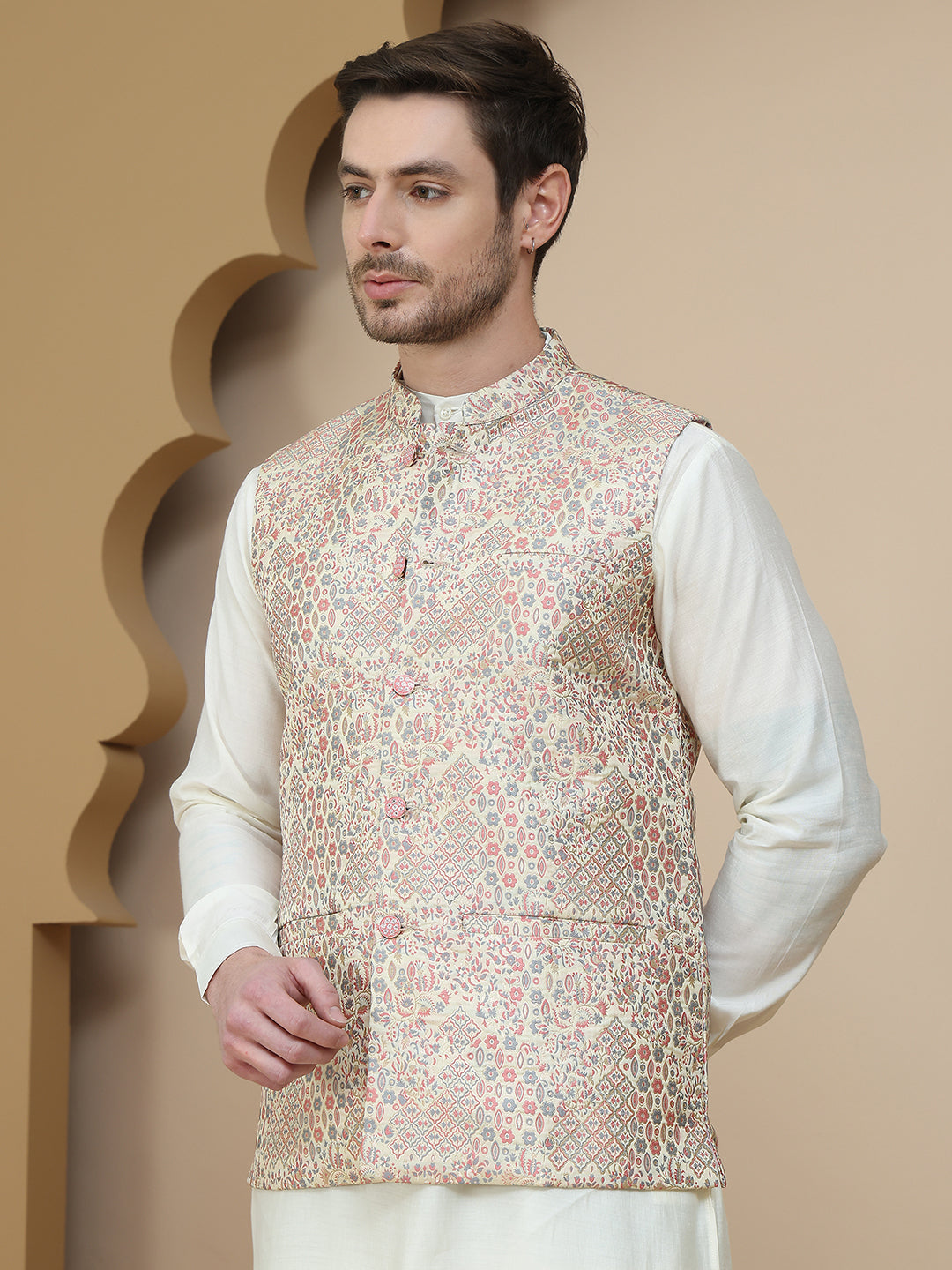 Woven Design Nehru Jacket With Solid Kurta Set For Men