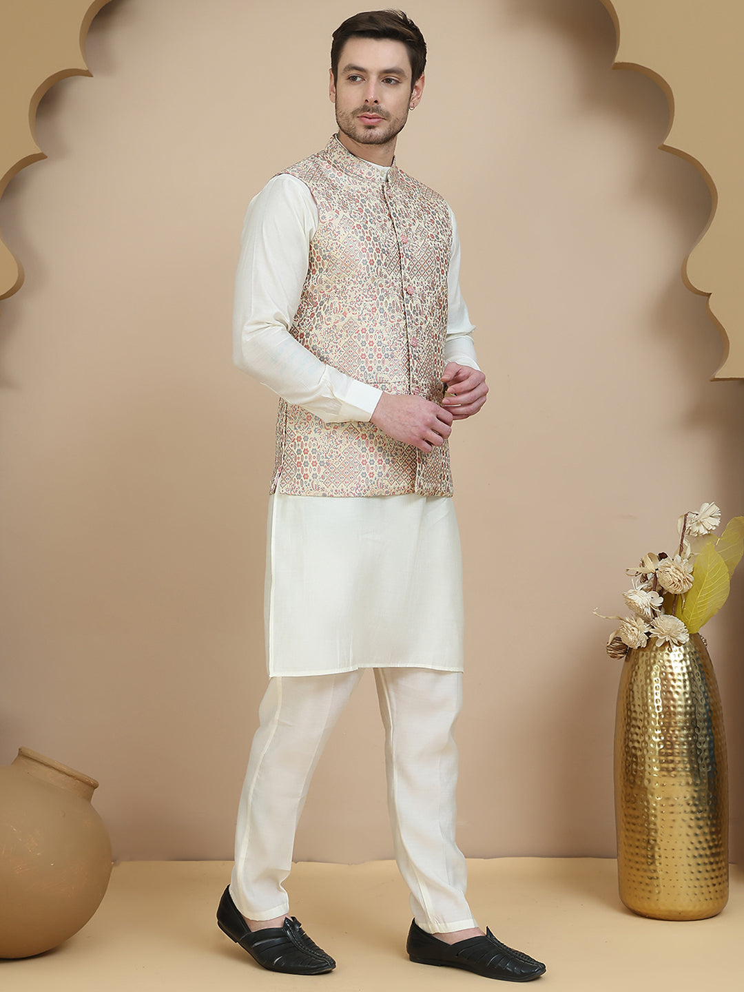 Woven Design Nehru Jacket With Solid Kurta Set For Men