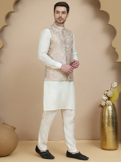 Woven Design Nehru Jacket With Solid Kurta Set For Men